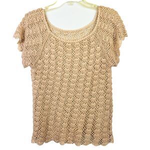 Woven Crochet Lace Top Short Sleeve Shirt Beige Tan Doily Sheer Beachy Boho S